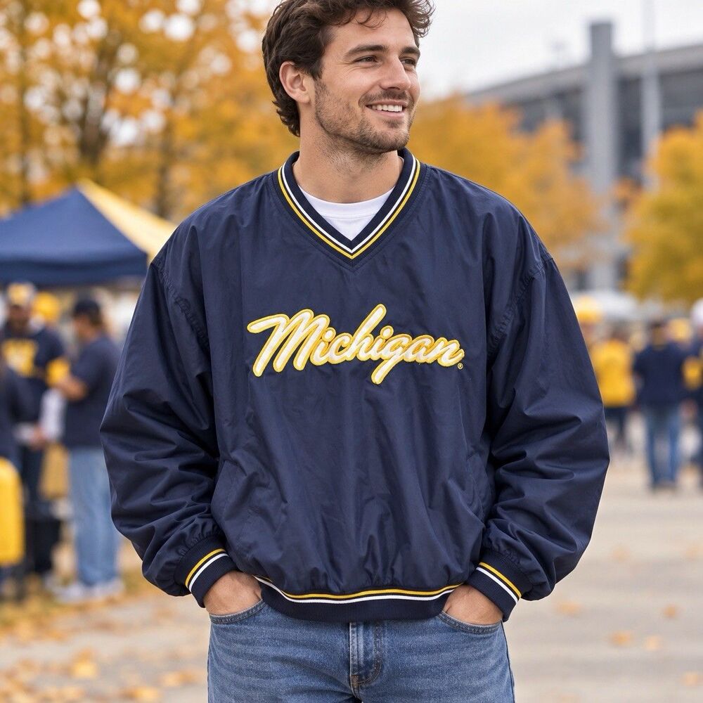 Vintage Red Oak Michigan Wolverines XXL Navy V Neck Pullover Windbreaker NCAA 90